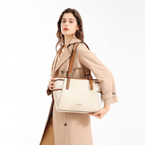 Miss Lulu Elegant Monogram Tote Bag - Beige & Brown | Premium PU Leather & PVC | Spacious & Chic Women's Handbag - BEYRUN