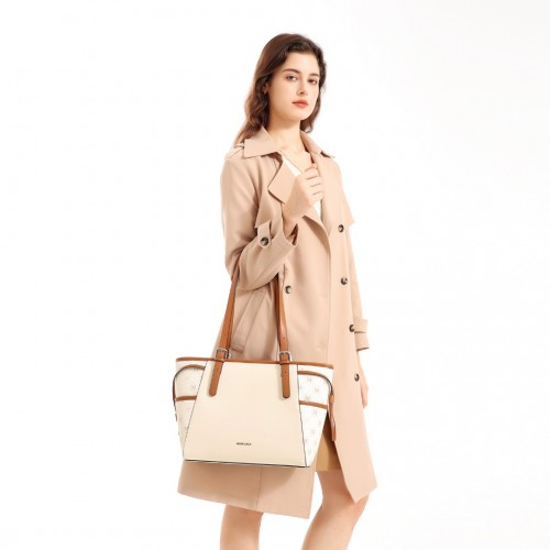 Miss Lulu Elegant Monogram Tote Bag - Beige & Brown | Premium PU Leather & PVC | Spacious & Chic Women's Handbag - BEYRUN