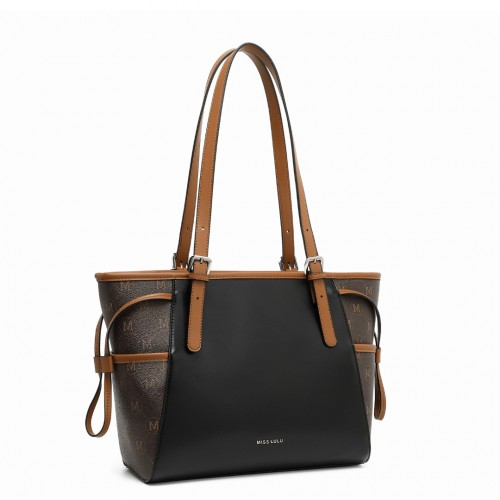 Miss Lulu Elegant Tote Bag with Monogram Pattern - Stylish Black and Brown Handbag for Women - BEYRUN