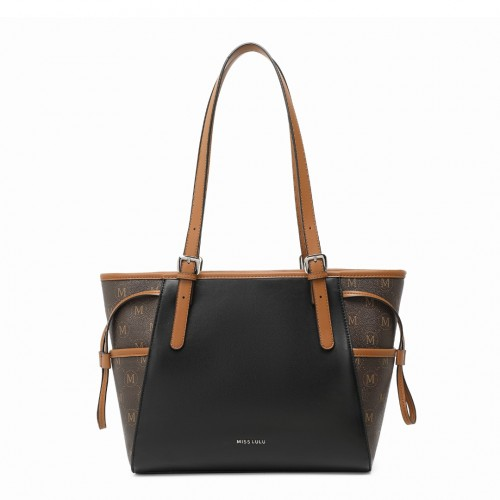 Miss Lulu Elegant Tote Bag with Monogram Pattern - Stylish Black and Brown Handbag for Women - BEYRUN