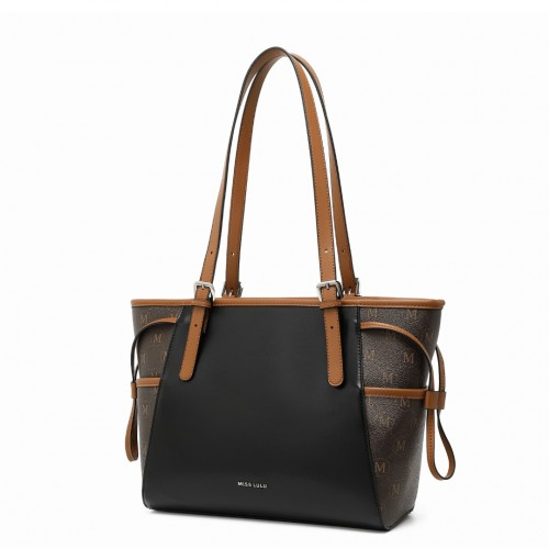 Miss Lulu Elegant Tote Bag with Monogram Pattern - Stylish Black and Brown Handbag for Women - BEYRUN