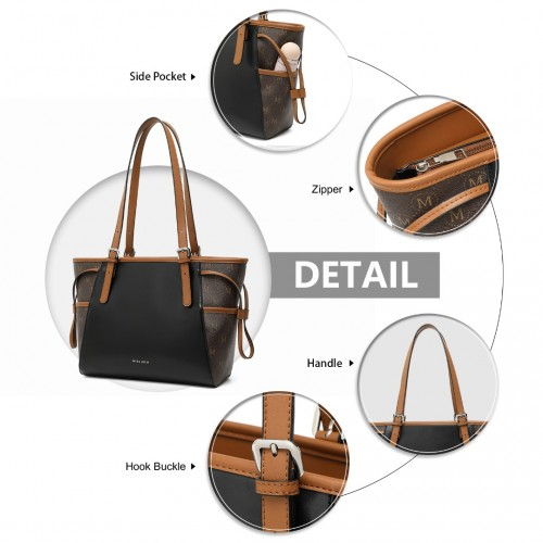 Miss Lulu Elegant Tote Bag with Monogram Pattern - Stylish Black and Brown Handbag for Women - BEYRUN