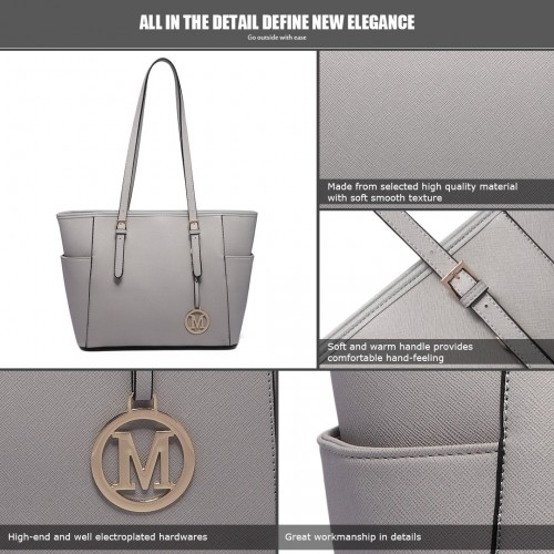 Miss Lulu Light Grey Faux Leather Tote Bag with Adjustable Handle - BEYRUN