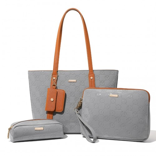 Miss Lulu 4 Pieces Glossy Leather Tote Bag Set - Grey And Brown | Stylish & Functional - BEYRUN