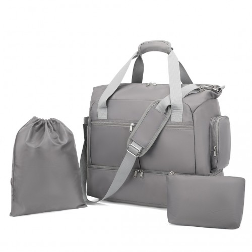 Kono Waterproof Multi-Pocket Travel Duffel Bag Set - Grey with Shoe Compartment - BEYRUN