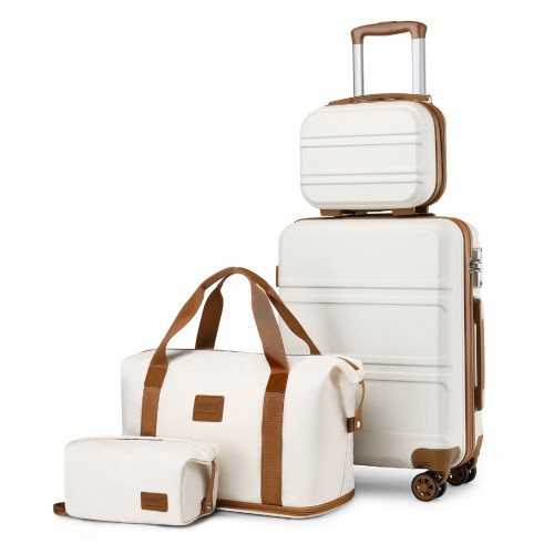 Kono ABS 4 Wheel Suitcase Set with Vanity Case, Weekend Bag & Toiletry Bag - Cream - BEYRUN