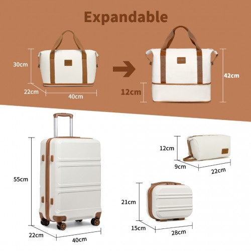 Kono ABS 4 Wheel Suitcase Set with Vanity Case, Weekend Bag & Toiletry Bag - Cream - BEYRUN