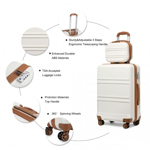 Kono ABS 4 Wheel Suitcase Set with Vanity Case, Weekend Bag & Toiletry Bag - Cream - BEYRUN