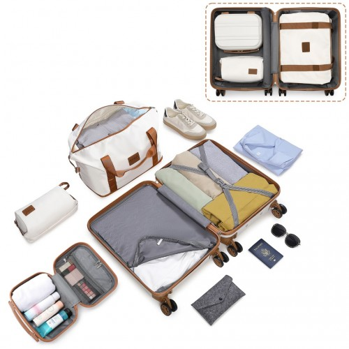 Kono ABS 4 Wheel Suitcase Set with Vanity Case, Weekend Bag & Toiletry Bag - Cream - BEYRUN