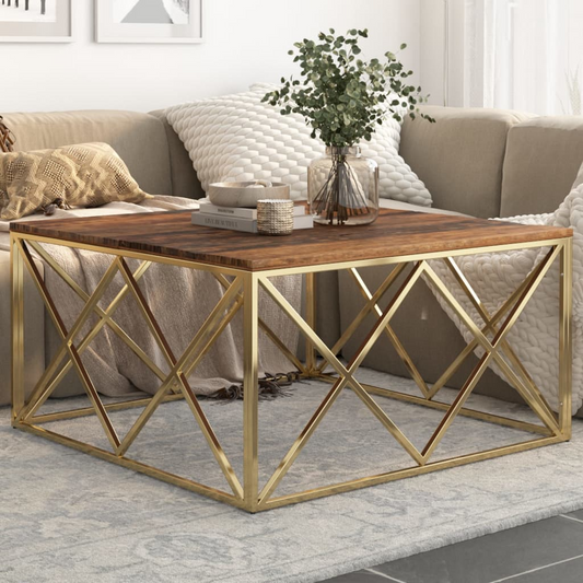 vidaXL Gold Coffee Table - Modern Living Room Accent Table with Stainless Steel Frame & Solid Wood Top - BEYRUN