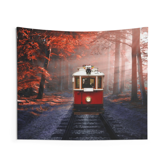 Red Tram in Forest Tapestry - 100% Polyester Wall Art | High-Quality Décor - BEYRUN