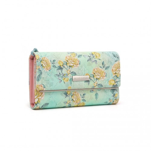 Miss Lulu Ladies' Flower Printed PU Leather Long Purse - Elegant Green Wallet - BEYRUN