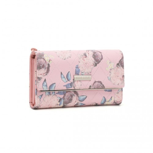 Miss Lulu Ladies' Pink Flower Printed PU Leather Long Purse - Elegant and Functional Wallet - BEYRUN