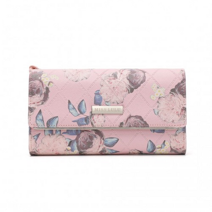 Miss Lulu Ladies' Pink Flower Printed PU Leather Long Purse - Elegant and Functional Wallet - BEYRUN