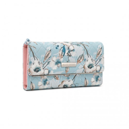 Miss Lulu Ladies' Flower Printed PU Leather Long Purse - Stylish Blue Wallet for Women with Ample Card Slots and Detachable Wrist Strap - BEYRUN