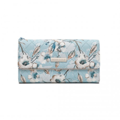 Miss Lulu Ladies' Flower Printed PU Leather Long Purse - Stylish Blue Wallet for Women with Ample Card Slots and Detachable Wrist Strap - BEYRUN