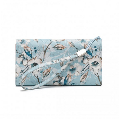 Miss Lulu Ladies' Flower Printed PU Leather Long Purse - Stylish Blue Wallet for Women with Ample Card Slots and Detachable Wrist Strap - BEYRUN