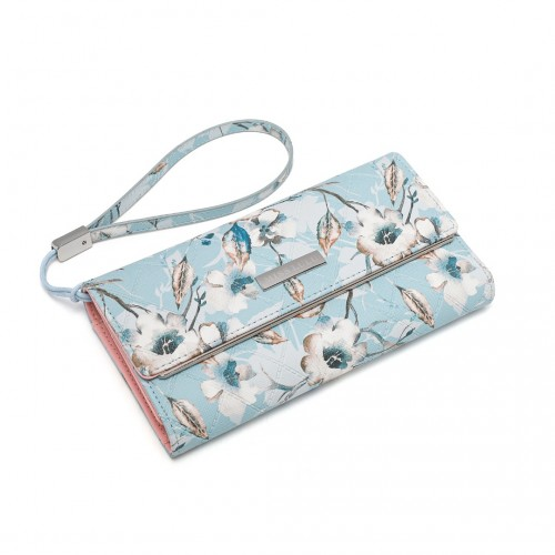 Miss Lulu Ladies' Flower Printed PU Leather Long Purse - Stylish Blue Wallet for Women with Ample Card Slots and Detachable Wrist Strap - BEYRUN