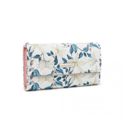 Miss Lulu Ladies' Flower Printed PU Leather Long Purse - Elegant Beige Women's Wallet - BEYRUN