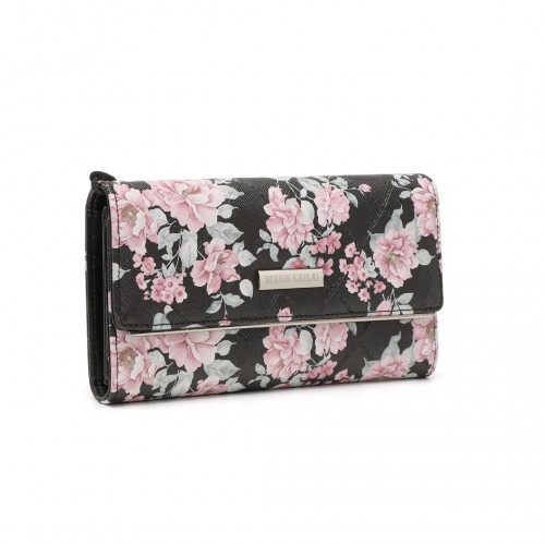 Miss Lulu Ladies' Flower Printed PU Leather Long Purse - Elegant & Spacious Black Wallet with Card Slots - BEYRUN