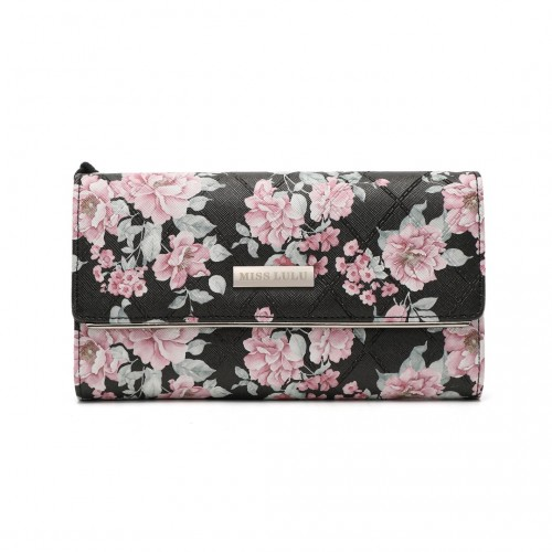 Miss Lulu Ladies' Flower Printed PU Leather Long Purse - Elegant & Spacious Black Wallet with Card Slots - BEYRUN