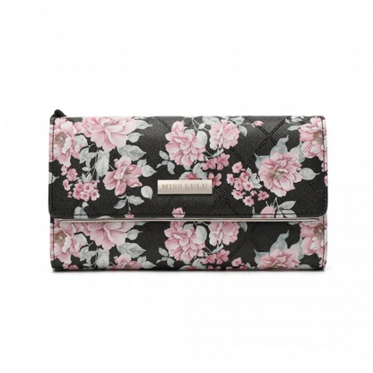 Miss Lulu Ladies' Flower Printed PU Leather Long Purse - Elegant & Spacious Black Wallet with Card Slots - BEYRUN