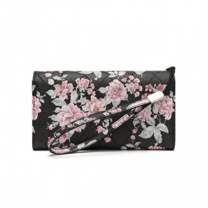 Miss Lulu Ladies' Flower Printed PU Leather Long Purse - Elegant & Spacious Black Wallet with Card Slots - BEYRUN