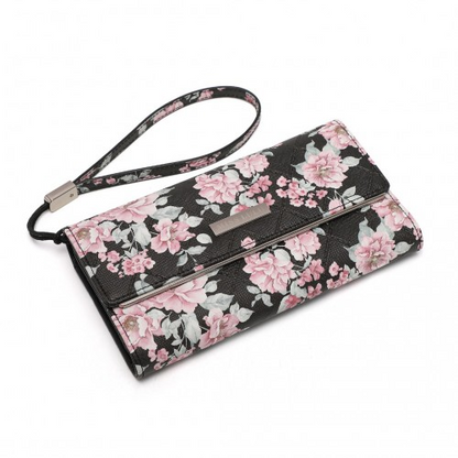 Miss Lulu Ladies' Flower Printed PU Leather Long Purse - Elegant & Spacious Black Wallet with Card Slots - BEYRUN