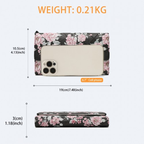 Miss Lulu Ladies' Flower Printed PU Leather Long Purse - Elegant & Spacious Black Wallet with Card Slots - BEYRUN