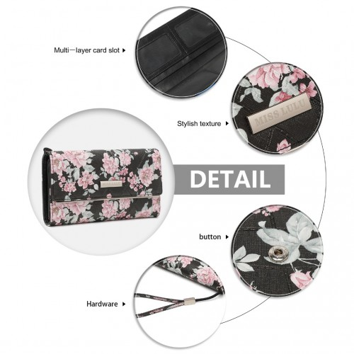 Miss Lulu Ladies' Flower Printed PU Leather Long Purse - Elegant & Spacious Black Wallet with Card Slots - BEYRUN