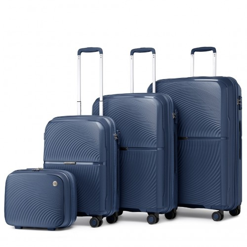 British Traveller 4 Pcs Set Spinner Hard Shell PP Suitcase With TSA Lock & Vanity Case - Navy - BEYRUN