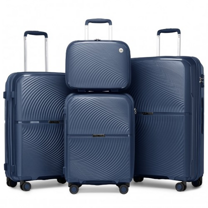 British Traveller 4 Pcs Set Spinner Hard Shell PP Suitcase With TSA Lock & Vanity Case - Navy - BEYRUN