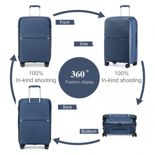 British Traveller 4 Pcs Set Spinner Hard Shell PP Suitcase With TSA Lock & Vanity Case - Navy - BEYRUN