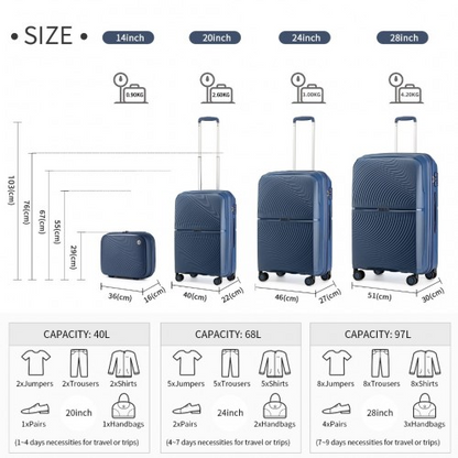 British Traveller 4 Pcs Set Spinner Hard Shell PP Suitcase With TSA Lock & Vanity Case - Navy - BEYRUN