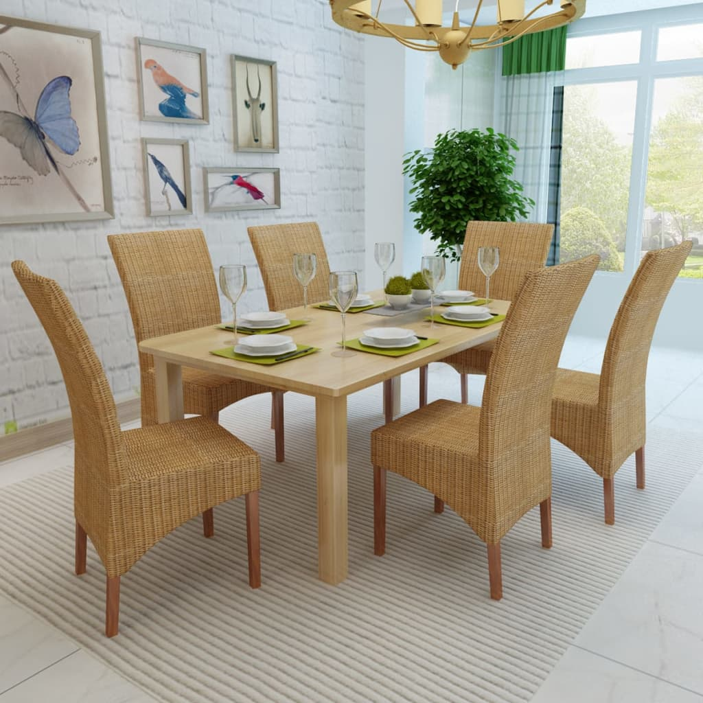 vidaXL Dining Chairs Set of 6 - Brown Natural Rattan & Solid Mango Wood - Handwoven Elegance - BEYRUN