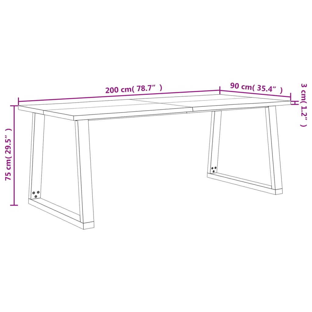 vidaXL Solid Wood Acacia Dining Table with Live Edge - 200x90x75 cm, Industrial U-Shaped Steel Legs - BEYRUN