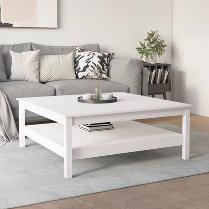 vidaXL White Solid Wood Pine Coffee Table with Storage Shelf | 100x100x40 cm | Rustic & Elegant - BEYRUN