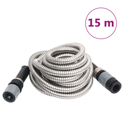 vidaXL 15m Stainless Steel Garden Hose with 8-Function Spray Nozzle - Durable, Kink-Resistant, Versatile - BEYRUN