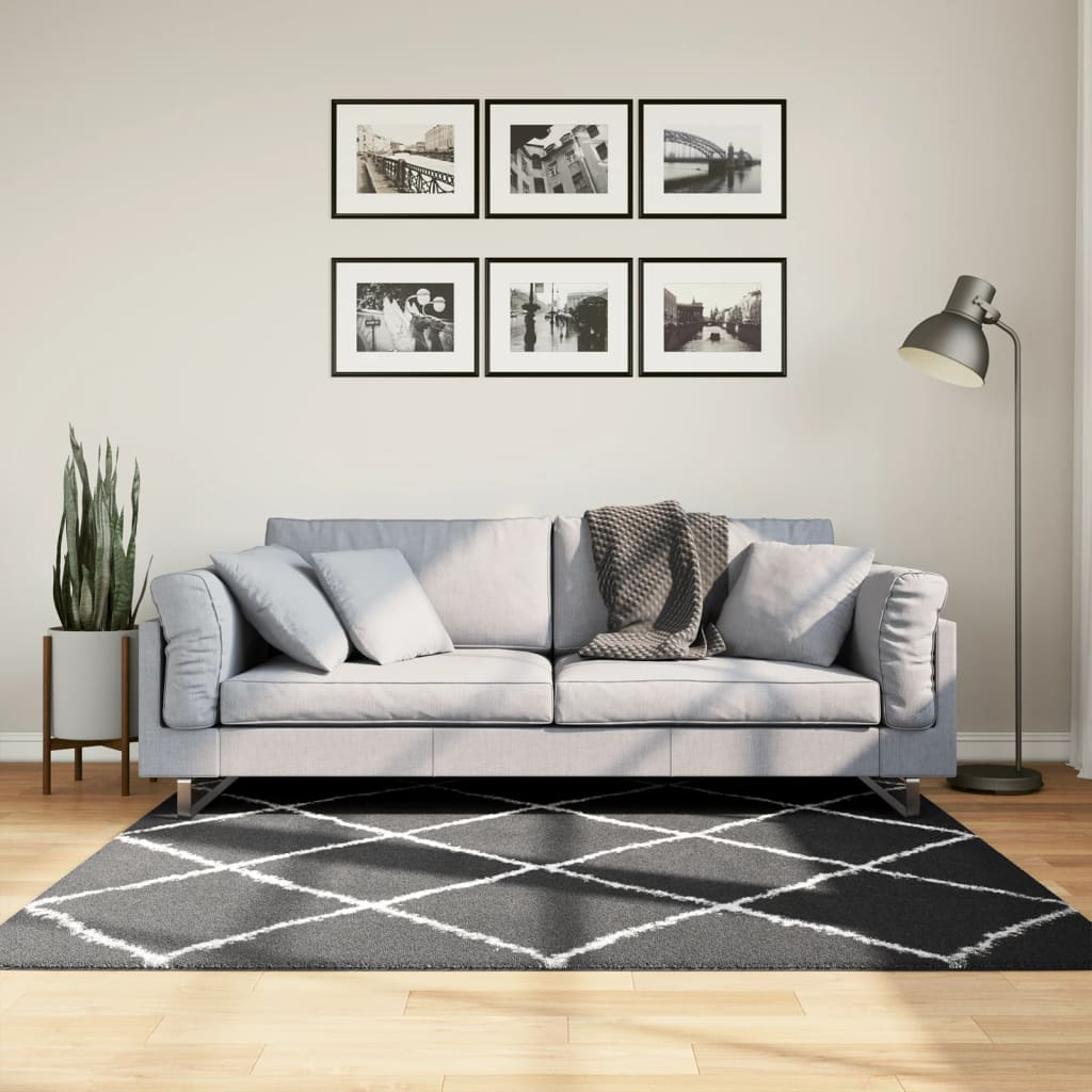 vidaXL Shaggy Rug PAMPLONA - Modern High Pile, Black and Cream, 160x160 cm - BEYRUN