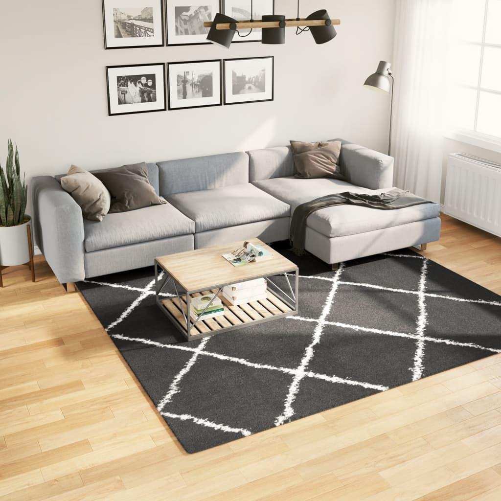 vidaXL Shaggy Rug PAMPLONA - High Pile Modern Area Rug, Black & Cream, 240x240 cm | Cozy, Stylish for Living Room or Bedroom - BEYRUN