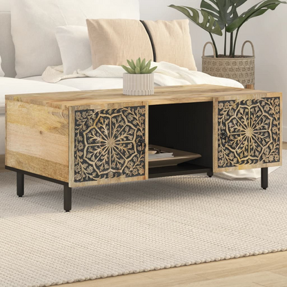 vidaXL Solid Mango Wood Coffee Table with Hand-Carved Floral Patterns | 100x54x40 cm | Sturdy & Elegant Living Room Centerpiece - BEYRUN