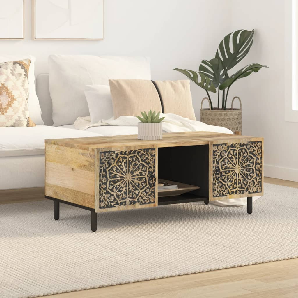 vidaXL Solid Mango Wood Coffee Table with Hand-Carved Floral Patterns | 100x54x40 cm | Sturdy & Elegant Living Room Centerpiece - BEYRUN