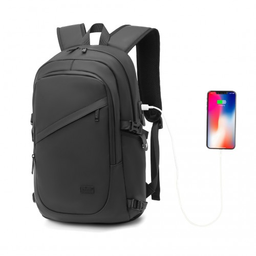 EM2349 - Kono PVC Coated Water-Resistant Tech Backpack With USB Charging Port - Black - BEYRUN