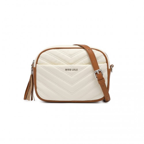 Miss LuLu Lightweight Quilted Leather Cross body Bag - Beige and Brown | Stylish & Compact - BEYRUN