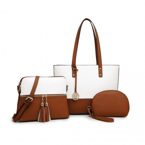 Miss Lulu 3 Piece Leather Look Tote Bag Set - Beige and Brown | Elegant & Versatile - BEYRUN