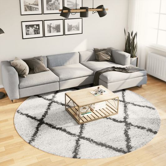 vidaXL Shaggy Rug PAMPLONA - Luxurious High Pile Modern Area Rug - Cream & Black - Ø 240 cm - BEYRUN