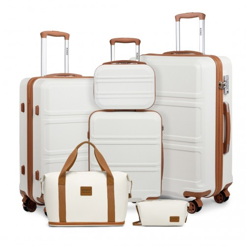 Kono 6 Piece ABS Suitcase Set with 360° Wheels, Vanity Case, Weekend Bag, and Toiletry Bag - Cream - BEYRUN