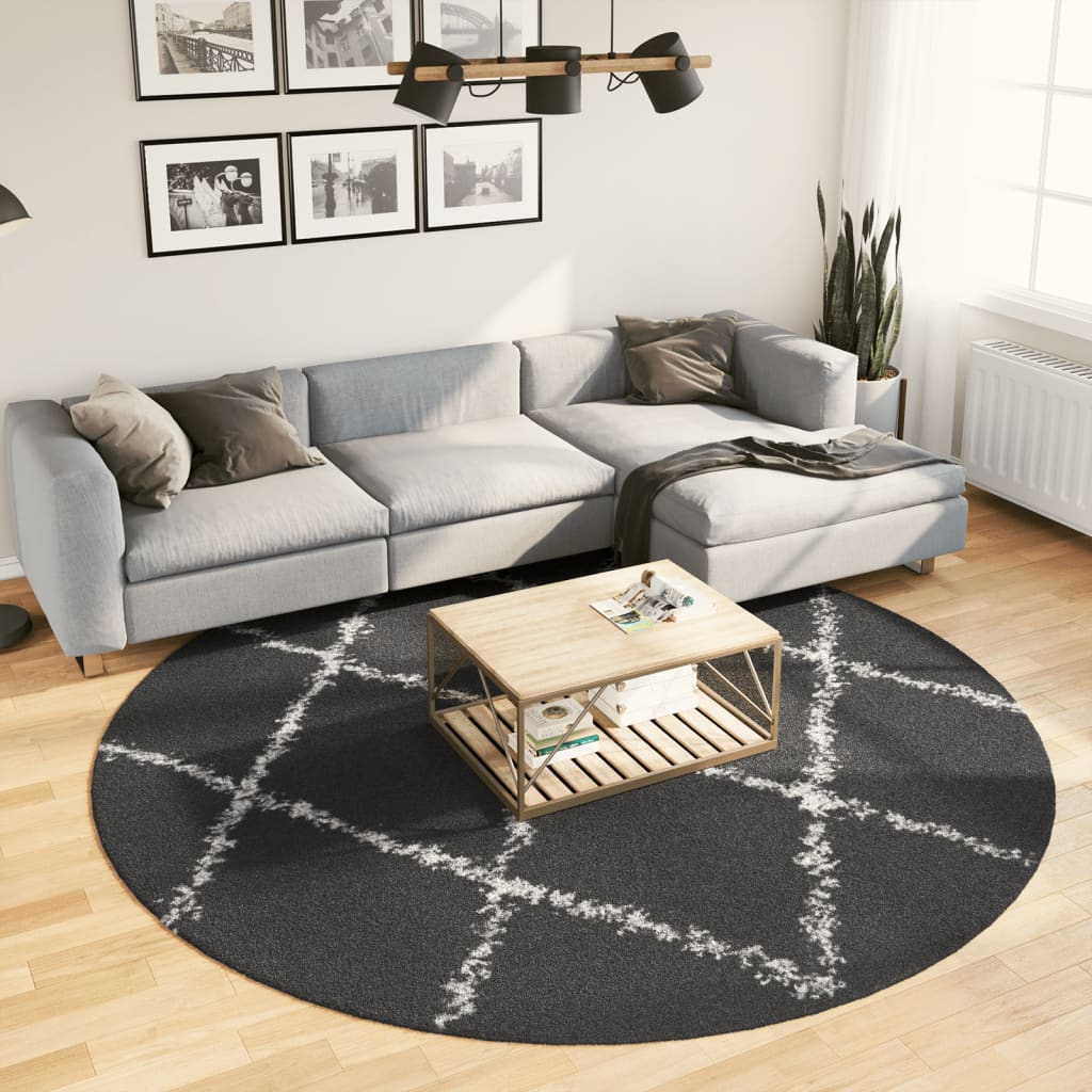 vidaXL PAMPLONA High Pile Shaggy Rug, Modern Black and Cream, Ø 240 cm - Luxurious and Cozy Area Rug - BEYRUN