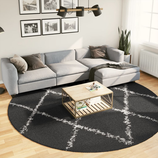 vidaXL Shaggy Rug PAMPLONA - Luxurious High Pile, Modern Black and Cream Area Rug, Ø 280 cm - Ideal for Living Room, Bedroom, or Office - BEYRUN