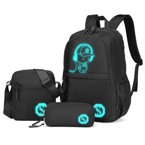 Kono Lightweight 3-Piece Glow-in-the-Dark Laptop Backpack Set with Crossbody Bag and Pencil Case - Black - BEYRUN